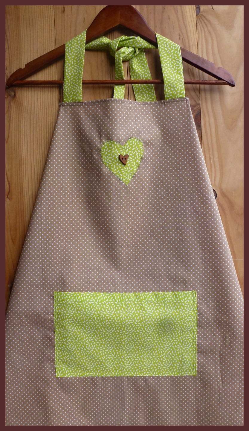 Tablier de CuisineMarron à Petits Pois Blancs en Tissu Coton Marron Blancs avec Appliqué et Poche Ve