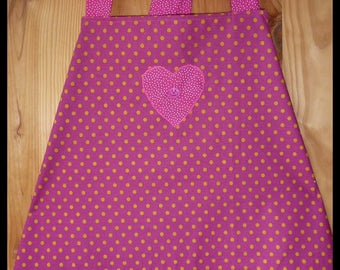 Kitchen apron "My little peas" in burgundy cotton fabric with anise green polka dots with front pocket and appliqué