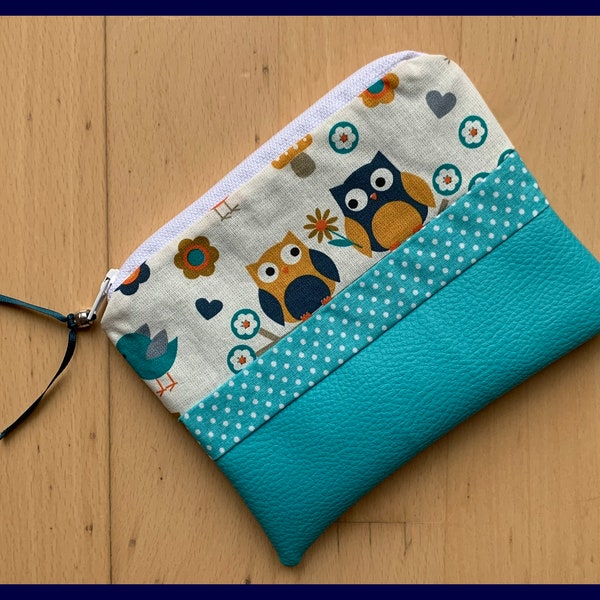 Trousse multi fonction en simili cuir bleu turquoise "Mes Hiboux"