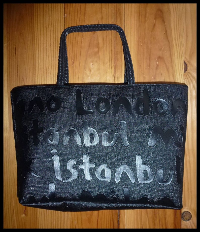 Sac à main Paris,Istanbul... en simili cuir noir,avec fermeture zippée image 1