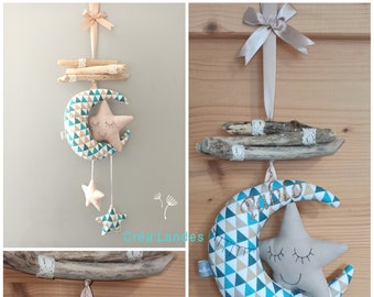 Suspension moon stars beige white blue in fabric and driftwood