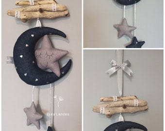 Baby mobile navy blue and gray driftwood and fabric moon stars room decor