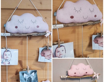 Cloud decoration Photo holder jumbled photos pink driftwood mobile child baby personalized bedroom decoration birth gift