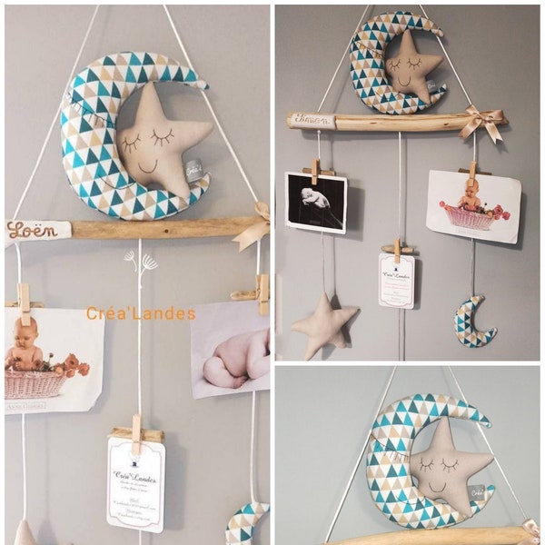 Pêle-mêle photos Porte-photos bois flotté décoration chambre enfant bébé ton bleu et beige