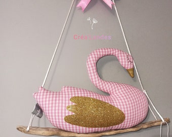 Swan wall hanging in driftwood and pink gingham fabric