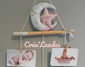 Driftwood child baby mobile photo holder birth gift first name room decoration