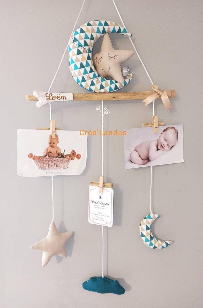 Photo collage Driftwood photo holder baby child room decoration blue and beige tone image 2
