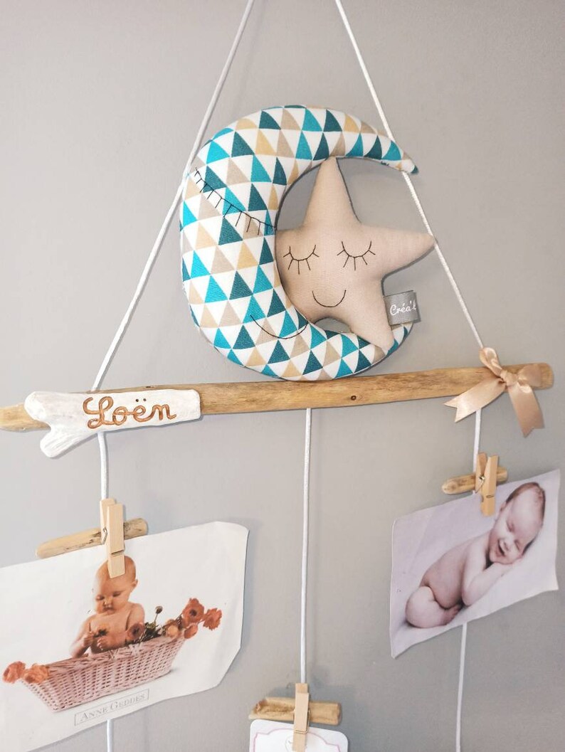 Photo collage Driftwood photo holder baby child room decoration blue and beige tone image 3