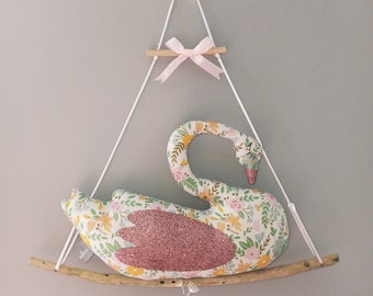Swan suspension in driftwood and baby room decor fabric