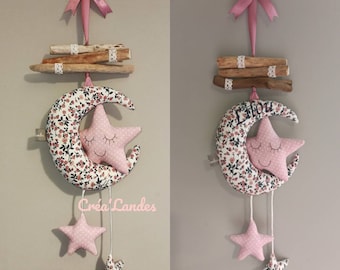Mobile suspension driftwood decoration baby room floral fabric
