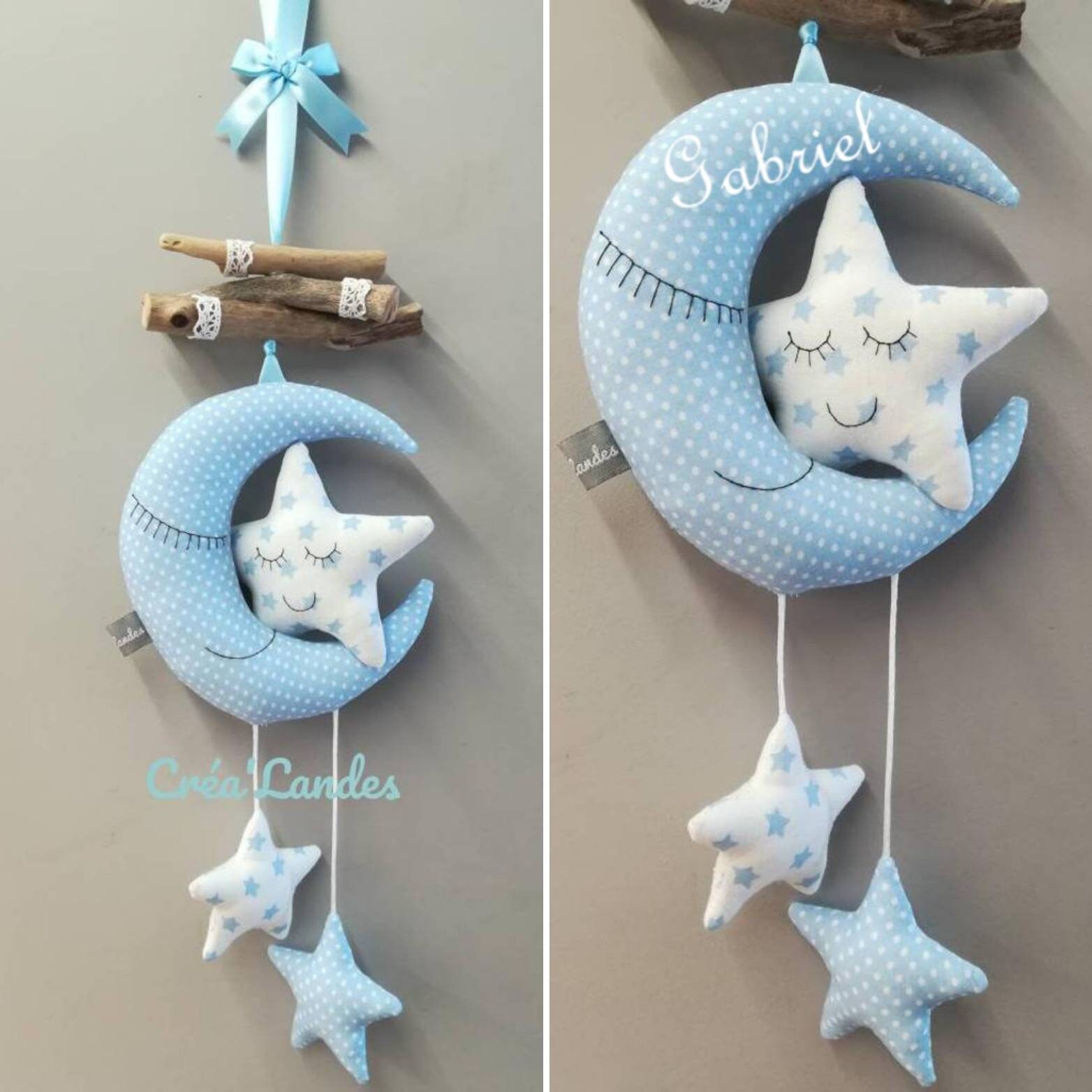 Mobile Suspension Décoration Murale Bois Flotté Pour Bébé ou Enfant Thème Lune Étoiles