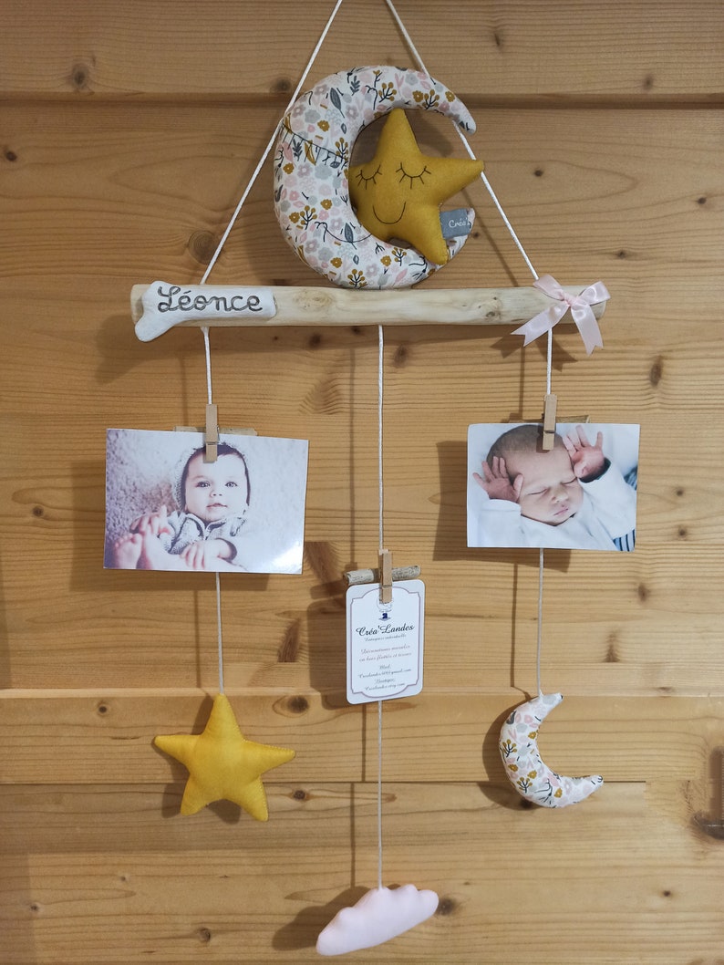 Photo holder mustard pink flowery peel mix photos driftwood mobile child baby personalized room decoration birth gift image 8