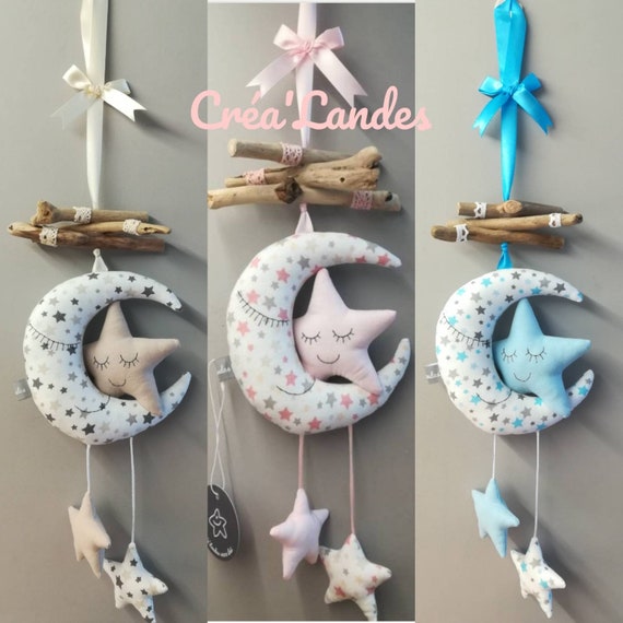 Mobile Lune Etoiles Suspension Murale Bois Flotte Decoration Etsy