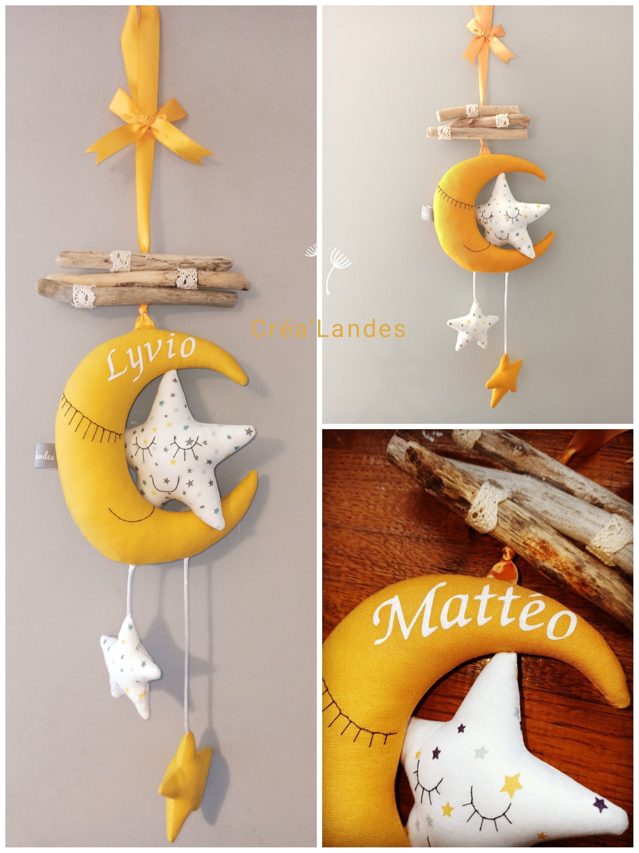 Mobile Bois Flotté Lune Étoiles Décoration Chambre Enfant Bébé Cadeau de Naissance