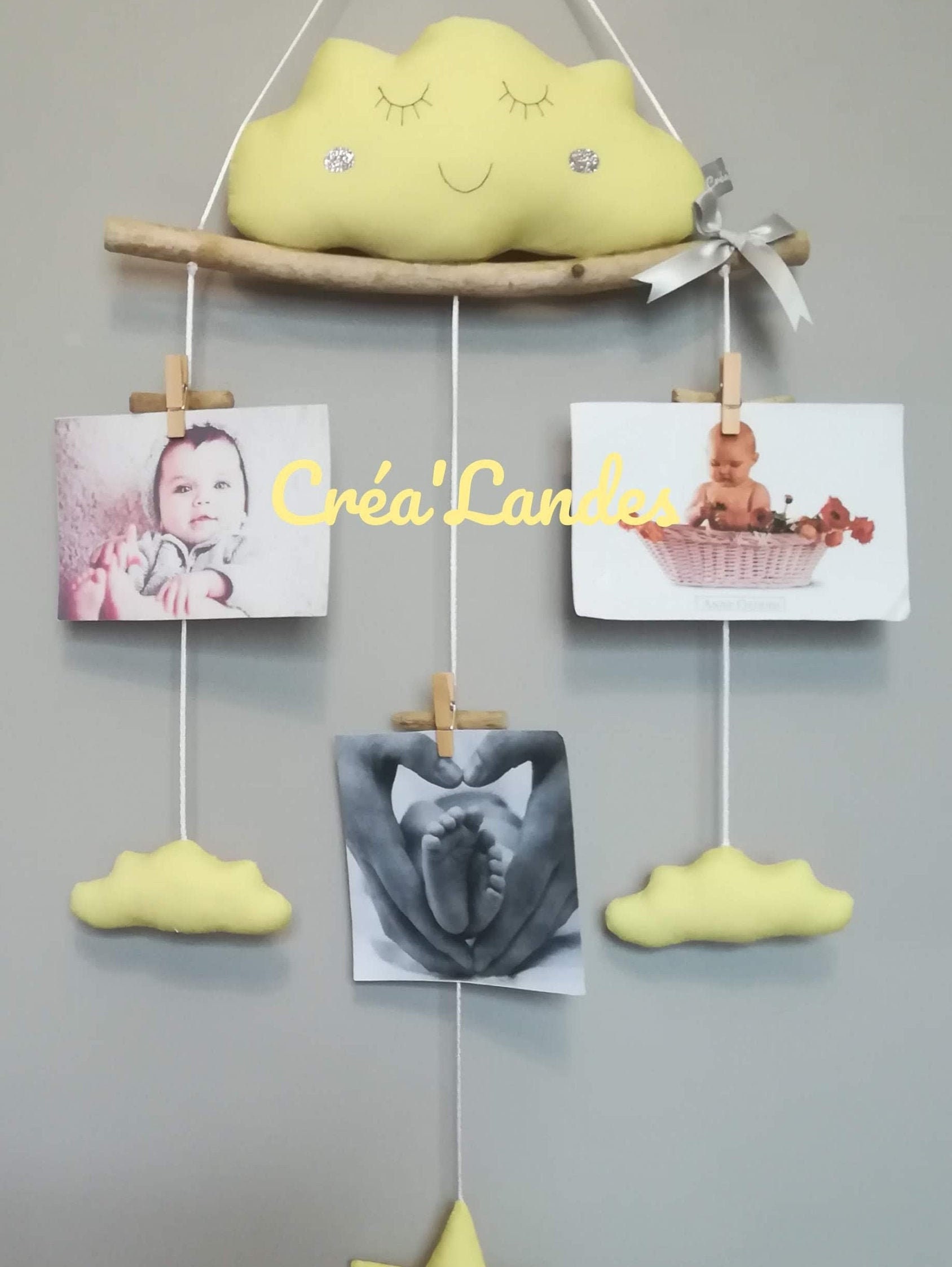 Pèle-Mêle Photos en Bois Flotté Pour Enfants Bébés Porte-Photos Nuage Jaune