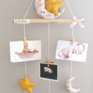 Photo holder mustard pink flowery peel mix photos driftwood mobile child baby personalized room decoration birth gift image 3