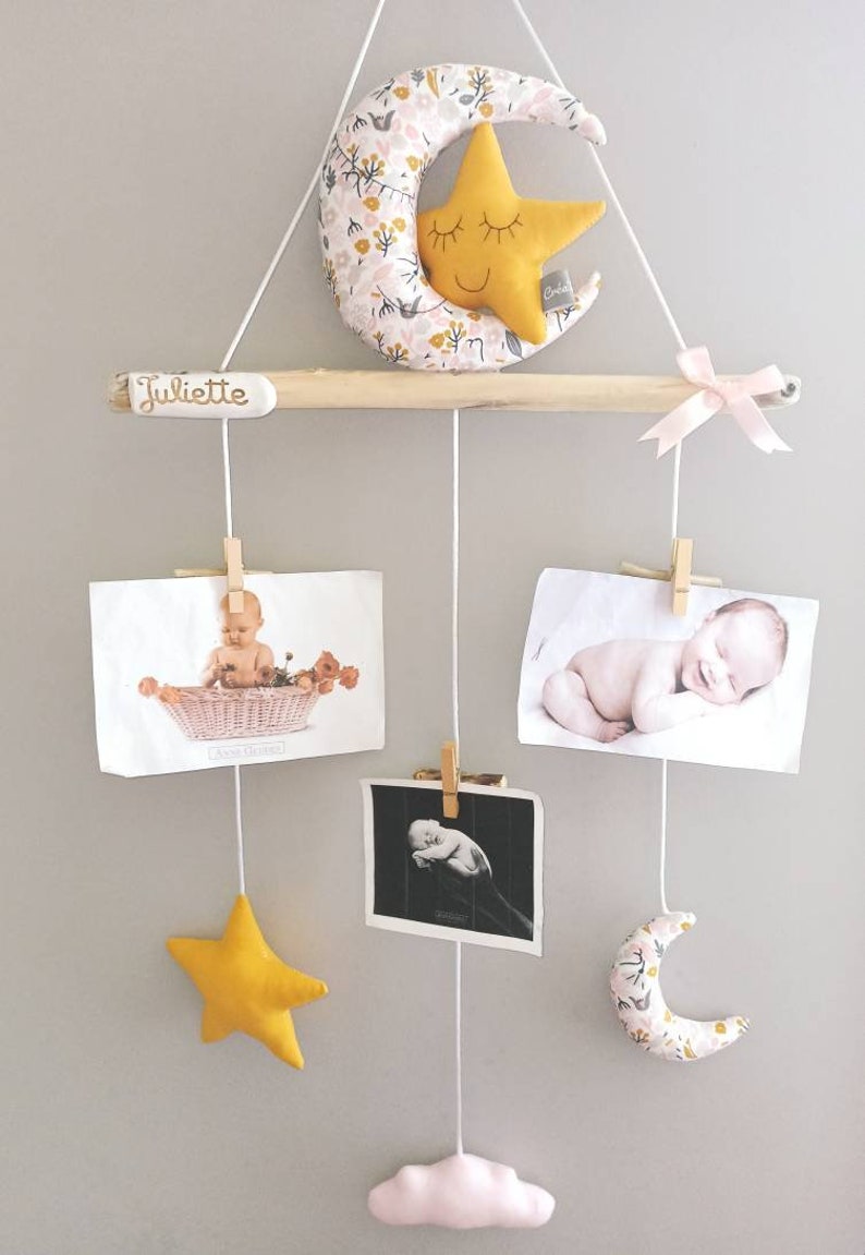 Photo holder mustard pink flowery peel mix photos driftwood mobile child baby personalized room decoration birth gift image 3