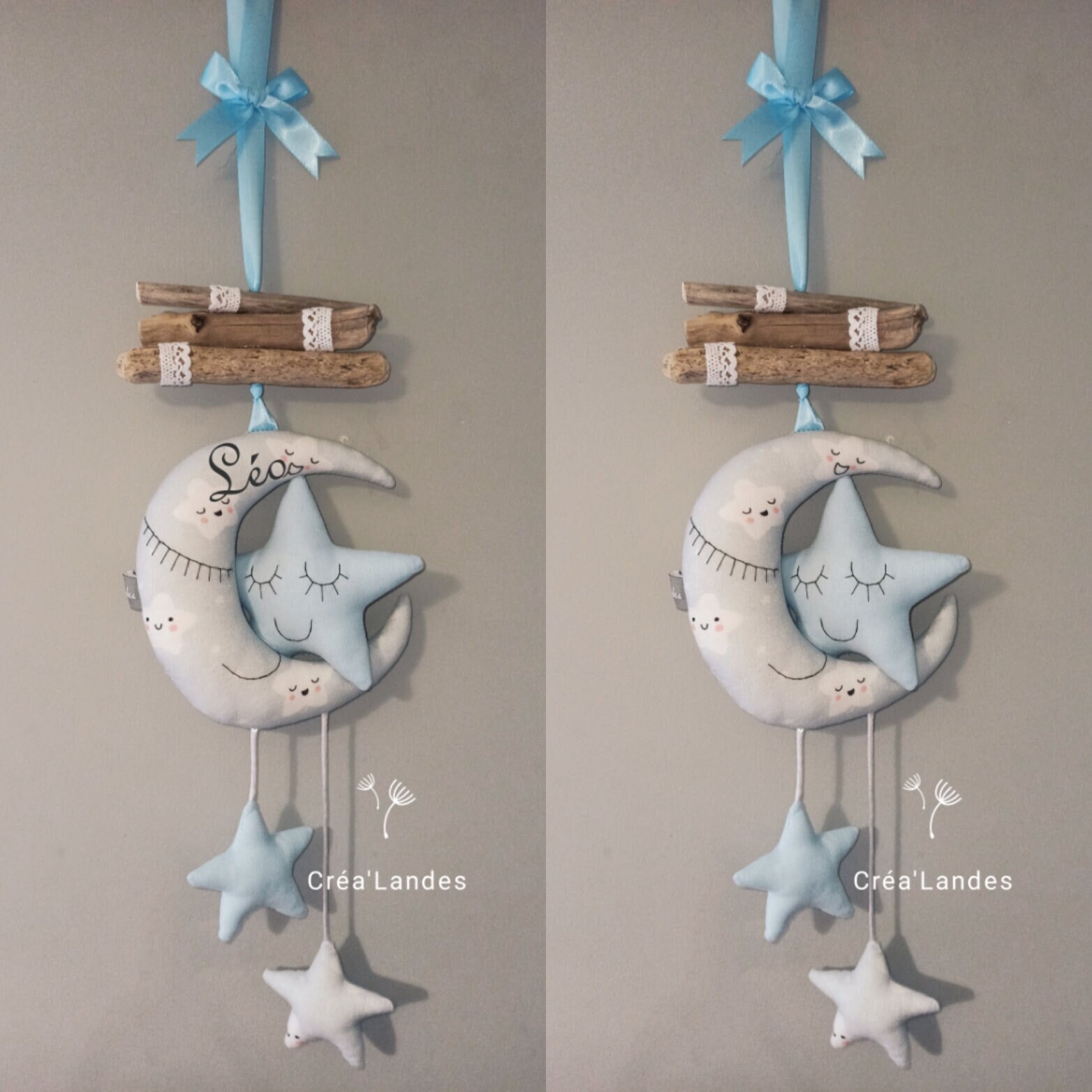 Mobile Suspension Murale Prénom Bois Flotté Lune Étoiles Décoration Chambre Enfant Bébé