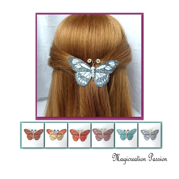 barrette papillon soie pailletée, barrette métal française 6 cm, corps perles nacrées et métal,plusieurs coloris, bijou cheveux original