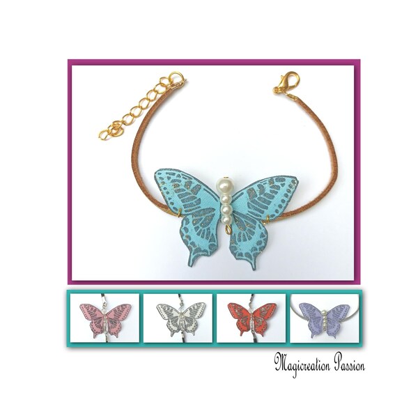 bracelet papillon soie 5 cm sur cordon de suédine réglable 18 cm + 5 cm rallonge métal, bijou romantique printemps-été, mariage, fiançailles