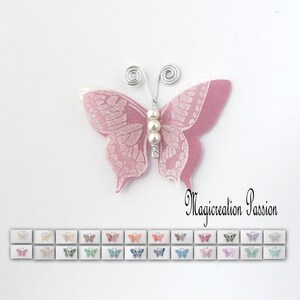 papillon double ailes soie et transparent blanc 5 cm, corps perles, antennes métal argenté, Home déco, bijou, carterie,scrapbooking, "Maéva"