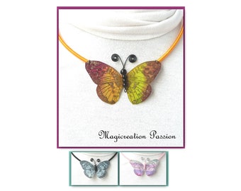 collier papillon soie pailleté, corps perles et métal, cordon fils soie réglable, pendentif papillon 7 cm modèle "Gallia", plusieurs coloris