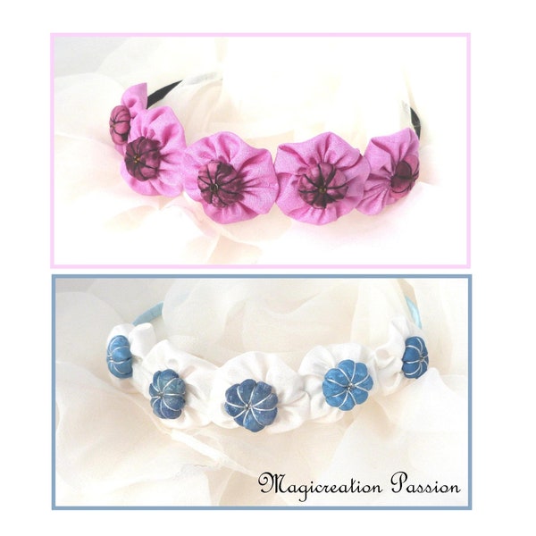 serre-tête, couronne fleurs de soie, coeurs de fleurs japonaises, rose fuchsia ou bleu, accessoire coiffure romantique, mariage, cérémonie