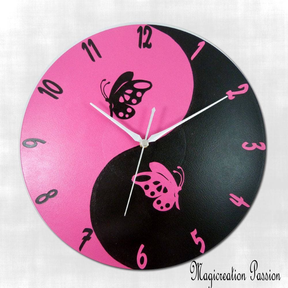 Horloge Papillons Rose et Noir , Mécanisme Silencieux, Décor Mural Yin Yang, sur Disque Vinyle 33 To