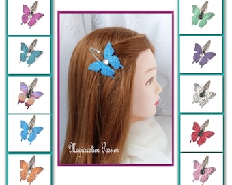 pince clip cheveux papillon soie 5.5 cm, coeur demi perle strass, pince métal 5 cm, coiffure romantique, modèle "Ylona"