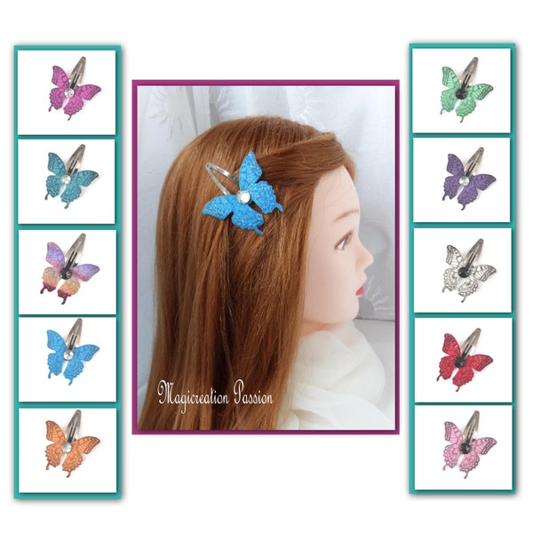 pince clip cheveux papillon soie 5.5 cm, coeur demi perle strass, pince métal 5 cm, coiffure romantique, modèle "Ylona"