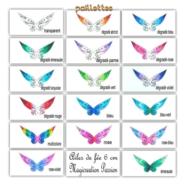 ailes fée transparentes 6 cm dégradés de couleurs motifs arabesques pailletées ou vernies  pour figurines fées, bébés fimo, petites poupées