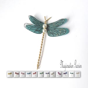 libellule 4.5 cm double ailes soie couleur et transparent motif noir "Demoiselle" corps perles et métal doré,carterie,scrapbooking,home déco