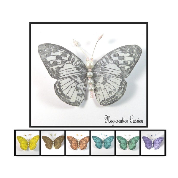 magnet papillon soie 7.5 cm + 1 aimant, corps perles, plusieurs coloris, décor romantique mur, abat-jour, lampe, rideau