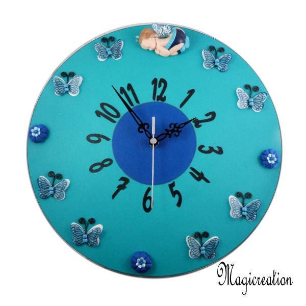 Horloge Bébé, Fleurs et Papillons, Mécanisme Silencieux, Décor Mural Bleu Turquoise, sur Disque Viny