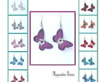 boucles oreilles papillons soie, 3.5 cm, coeurs sequins, crochets dorés ou argentés, boucles pendantes légères et romantiques