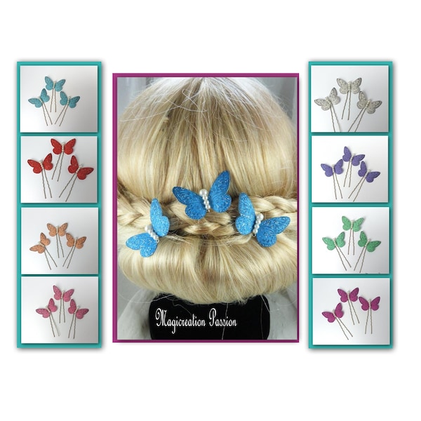 épingles chignon papillons soie pailletées, corps perles blanches, modèle Apolline, lot de 3 pics, coiffure romantique, plusieurs coloris