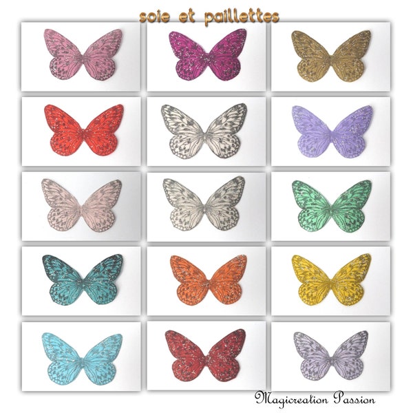 ailes papillon soie sur polyphane 5 cm, texture rigide, avec ou sans paillettes, modèle "Apolline", plusieurs coloris au choix