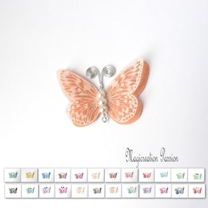 papillon 3D double ailes soie et transparent blanc 5 cm, corps de perles, antennes métal, modèle Apolline, pour décor floral, scrapbooking