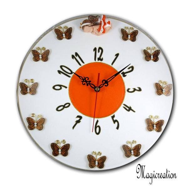 Horloge Silencieuse Papillons et Bébé, Orange Blanc, Bébé Fimo 3D, Décor Mural sur Vynile 33 Tours R