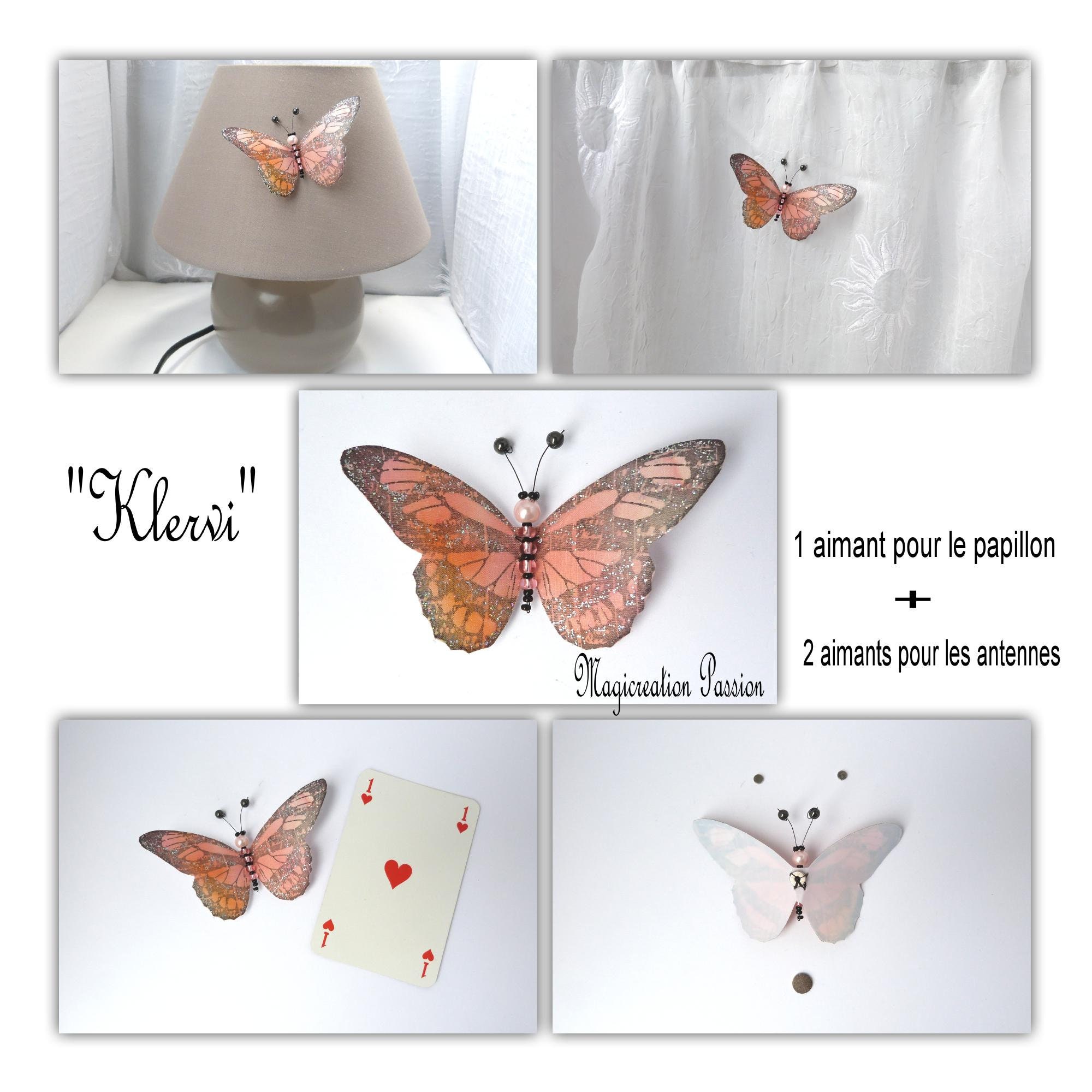 Magnets papillons 8.5 cm, soie et perles antennes aimantées 3 aimants,  décoration romantique murale, rideaux,voilages, abat-jour, lampe -   France
