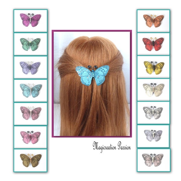 barrette papillon soie, barrette française métal 6 cm, corps perles assorties, antennes métal torsadées, coiffure romantique, modèle Gallia