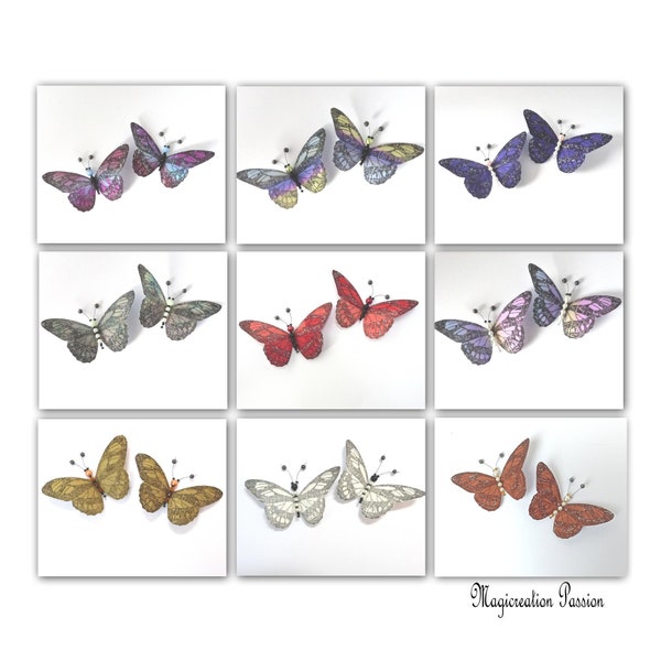 duo magnets papillons 8.5 cm, soie et perles + aimants, décor romantique mural, rideaux, abat-jour, lampe, pièces uniques originales