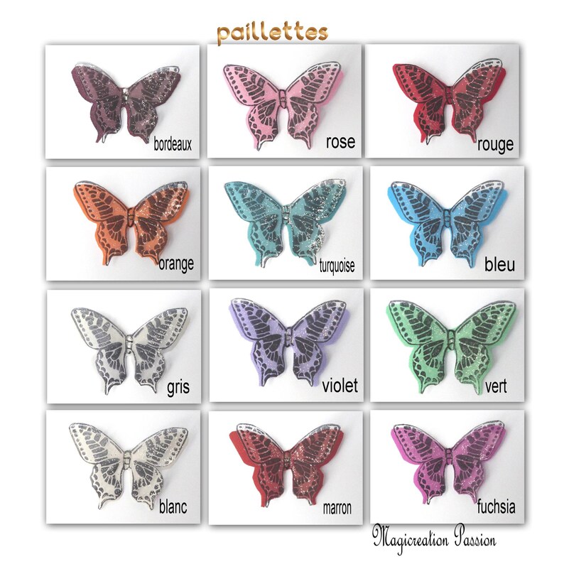 ailes papillons doubles, soie et transparent blanc ou noir pailleté argenté, 5 cm, plusieurs coloris, création bijou, carterie, scrapbooking image 7