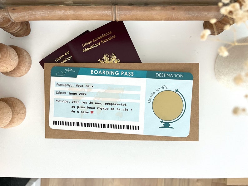 Carte à gratter billet d'avion personnalisable / Carte d'embarquement / Boarding pass Vert