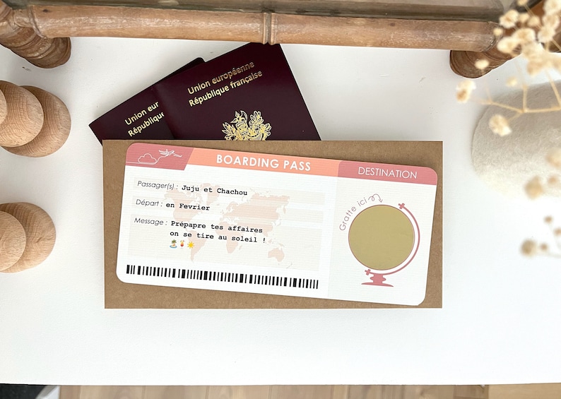 Carte à gratter billet d'avion personnalisable / Carte d'embarquement / Boarding pass Rose