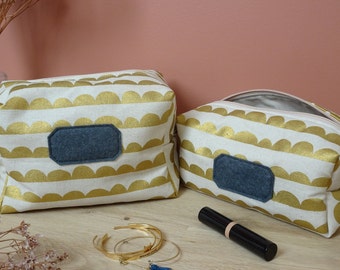 Trousse de toilette / Trousse de maquillage / Trousse rectangulaire / Pochette à couches / Tissu arrondis dorés