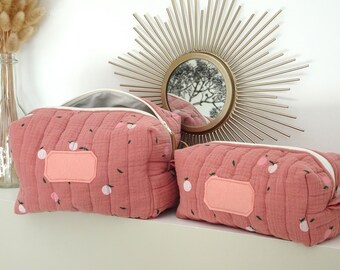 Trousse de toilette / Trousse de maquillage / Trousse rectangulaire / Pochette à couches / Tissu double gaze matelassée rose