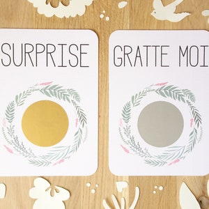 Carte à gratter personnalisable / Annonce grossesse / Annonce mariage / Demande en mariage / Pacs / Bon pour / Feuilles vertes et roses