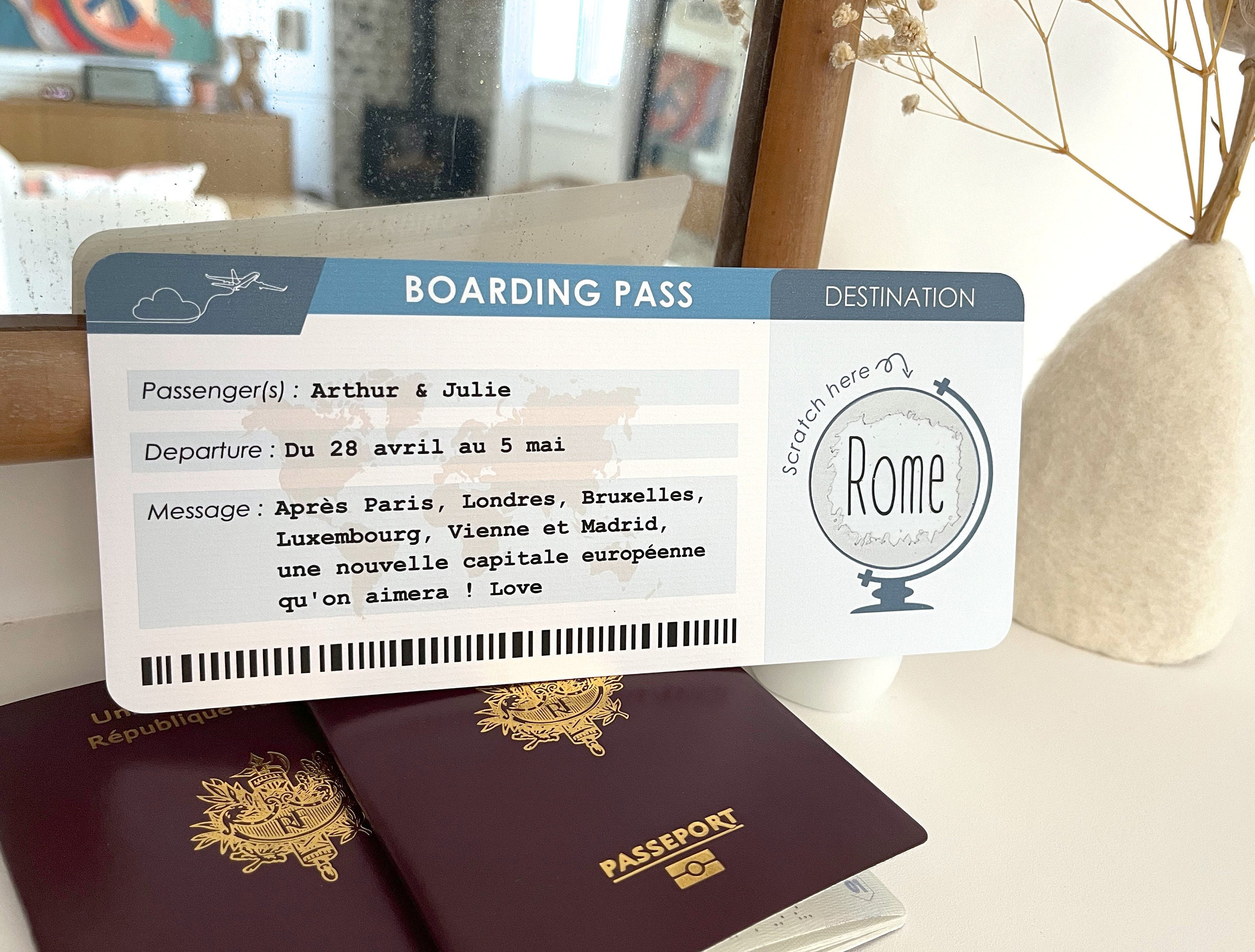 Carte à gratter billet d'avion personnalisable / Carte d'embarquement /  Boarding pass -  France