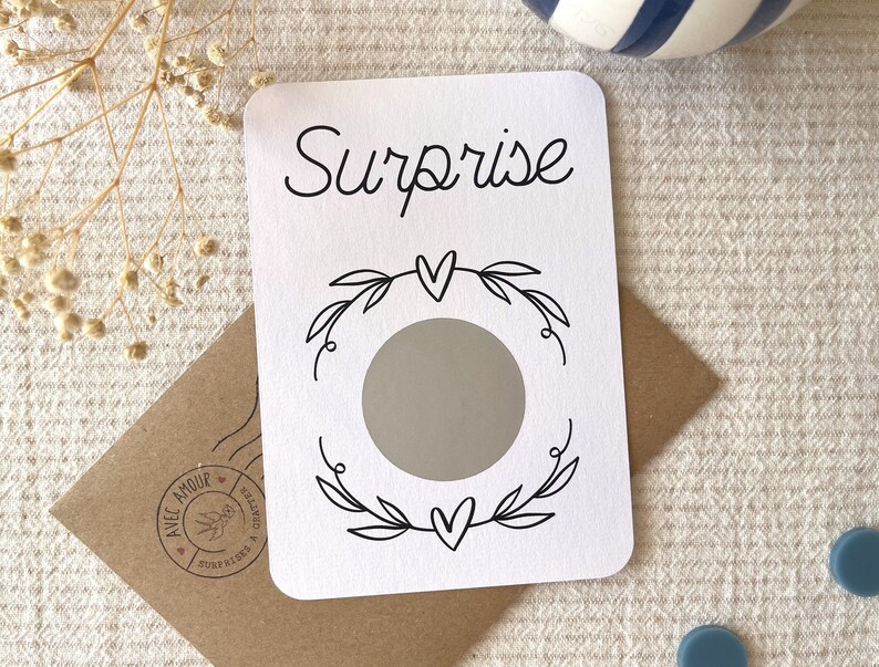 Carte à gratter personnalisable / Annonce grossesse / Annonce mariage / Demande en mariage / Pacs / Bon pour / Couronne coeur Surprise
